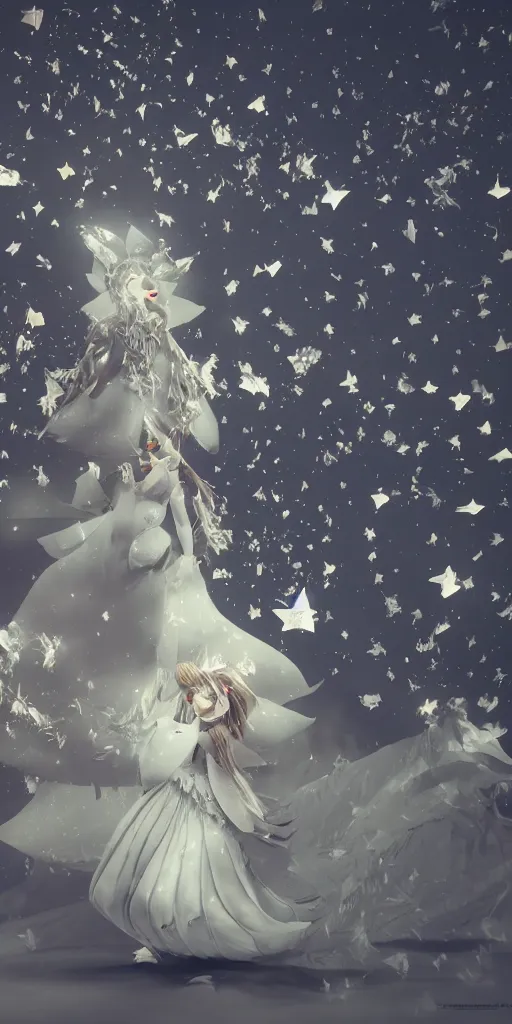 Image similar to background is a stary night sky, castle made of clouds, looking up towards an anthropomorphic space woman wearing a flowing paper couture dress with puffy leggings, paper stars, many origami birds, eery light, 3D, very detailed, octane render, trending ArtStation, artgem