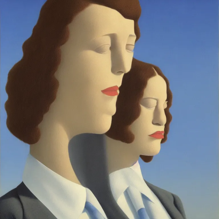 Image similar to portrait of a faceless shadow - head woman in a suit, clouds in the background, by rene magritte, detailed painting, distance, centered, hd, hq, high resolution, high detail, 4 k, 8 k