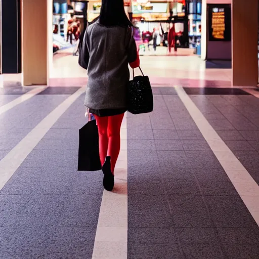 Image similar to a closeup portrait of woman walking in mall alone in style of 1990s, street photography seinen manga fashion edition, focus on face, eye contact, tilt shift style scene background, soft lighting, Kodak Portra 400, cinematic style, telephoto