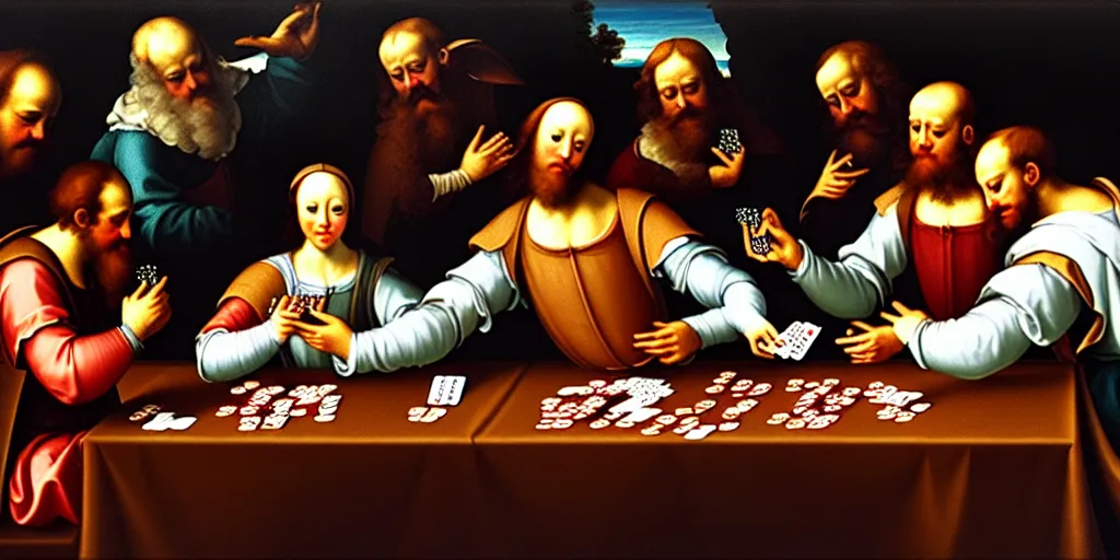 Image similar to Renaissance painting of four men playing cards with fish, hyper detailed, UHD, 8K