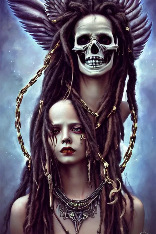 Prompt: evil angels that look like hippies with dreadlocks dancing with chains, fantasy, face with skull mask, long hair, intricate, elegant, highly detailed, digital painting, artstation, concept art, smooth, sharp focus, illustration, art by artgerm and greg rutkowski and aleister crowley