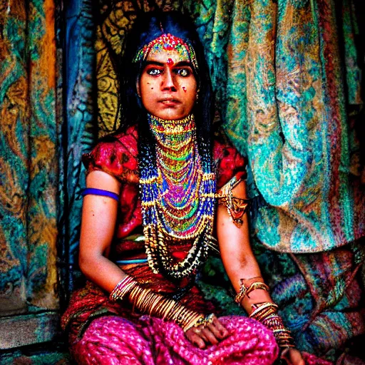 Prompt: photograph of an indian hindu woman in an intricate beautiful dress, ornate, psychedelic, hdr 4 k, award - winning photograph, national geographic