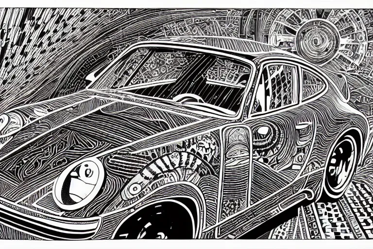 Image similar to a black and white drawing of a porsche 9 1 1, a detailed mixed media collage by hiroki tsukuda and eduardo paolozzi and moebius, intricate linework, sketchbook psychedelic doodle comic drawing, geometric, street art, polycount, deconstructivism, matte drawing, academic art, constructivism