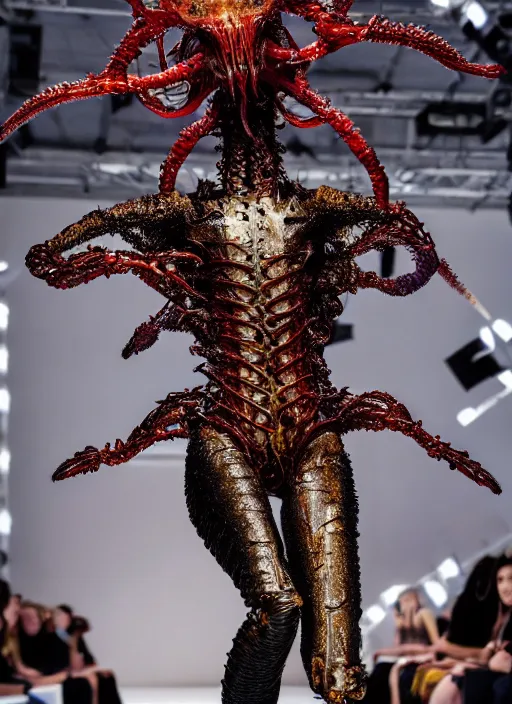 Prompt: walking down the catwalk, ben watts, show, stage, vogue photo, podium, fashion show photo, iris van herpen, beautiful woman, full body shot, helmet on face, masterpiece, plant predator, guyver, jellyfish, biomechanical details, movie still, fauvism, cinestill, bokeh, gelios lens