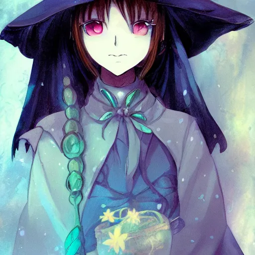 Prompt: a beautiful anime illustration of a witch with large wizard hat, featured on artstation, deviantart, conceptartworld, cgartist, vivid colors, airy theme