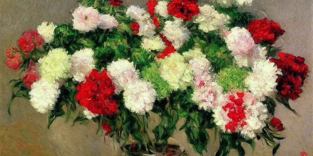 Prompt: a beautiful bouquet of flowers, oil painting, by Gustave Caillebotte, very colorful, White, vivid green & red, very detailed, artstation