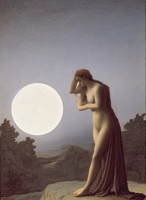 Prompt: three hazy backlit silhouettes of ancient greek venus observing an eclipse at dusk, painted by caspar david friedrich