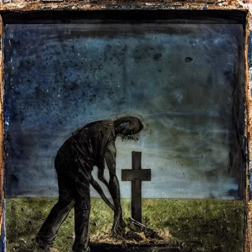 Image similar to one man in a cemetery digging up a dead body, by nicola samori, painting, 8 k, high detail, medium blue, orange, and dark green tones, high quality, sad feeling, high detail, dark colors, sinister atmosphere, dramatic lighting, cinematic, establishing shot, extremely high detail, photo realistic, cinematic lighting