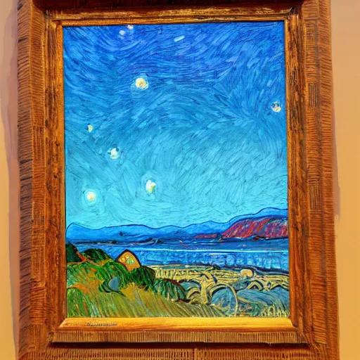 Image similar to painting of monterey bay, california, in the style of van gogh