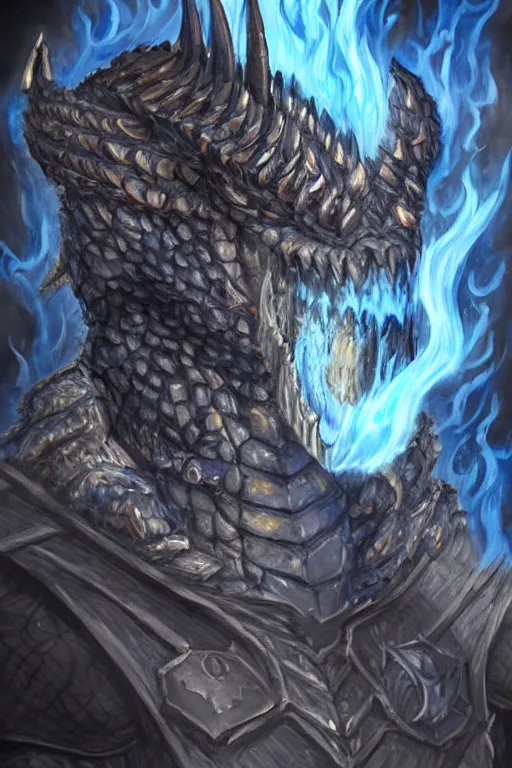 Image similar to a D&D character of a dark blue dragonborn with large tusks, only half of his face flaming with blue flame, he wears a black dragon scales armor, D&D art