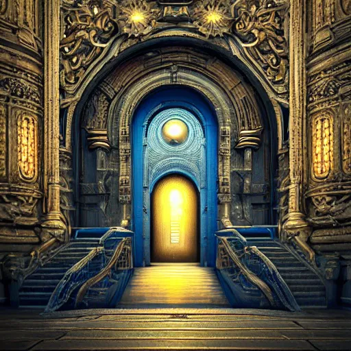 Image similar to carved futuristic door at the end of ornate steps shows a large window to a city detailing the vast architectural scientific ancient and cultural acheivements of humankind, magical atmosphere, renato muccillo, andreas rocha, johanna rupprecht, beardsley, octane render, cinematic blue and gold