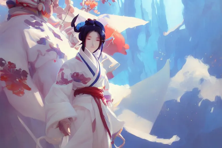 Prompt: onmyoji, onmyoji detailed art, artstation, vibrant colors and hard shadows and strong rim light, light blue sky, cool white color temperature, painting by by wlop, by bo chen, by alex flores, gaston bussiere, craig mullins