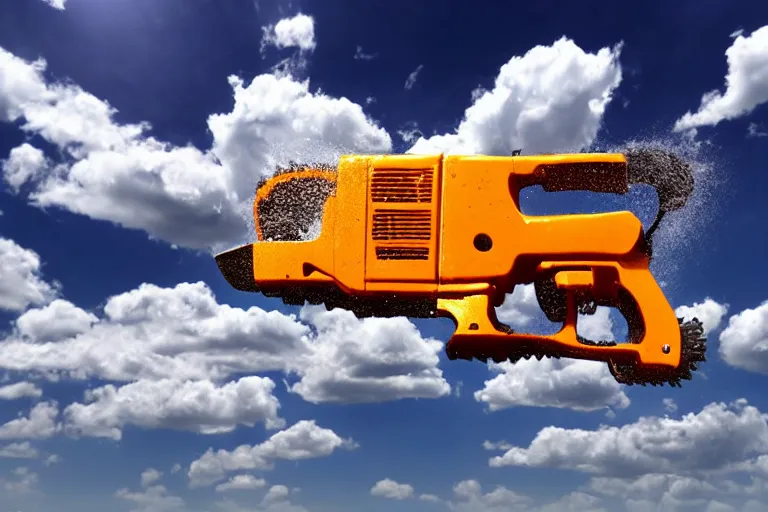 Image similar to clouds in the shape of a chainsaw, very detailed, 4 k, beautiful, gorgeous, high quality,