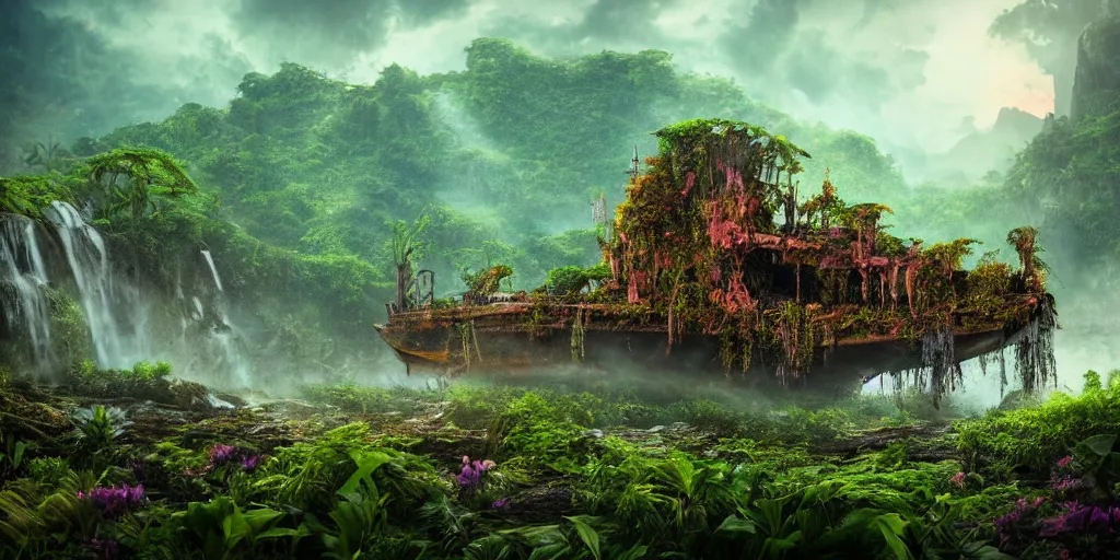 Image similar to a rusty ethereal ghost ship in a prehistoric jungle, lush flora, waterfall, mountains, dark towering clouds, flowers, vines, sunset, hazy, volumetric lighting, rtx on, washed out colors, an award winning digital render, beautiful, stunning, ultradetailed, great composition