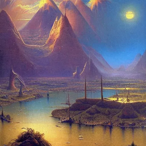 Image similar to world of bruce pennington, beautiful extremely detailed landscape oil on canvas in the style of 1 9 th century hudson river school of art