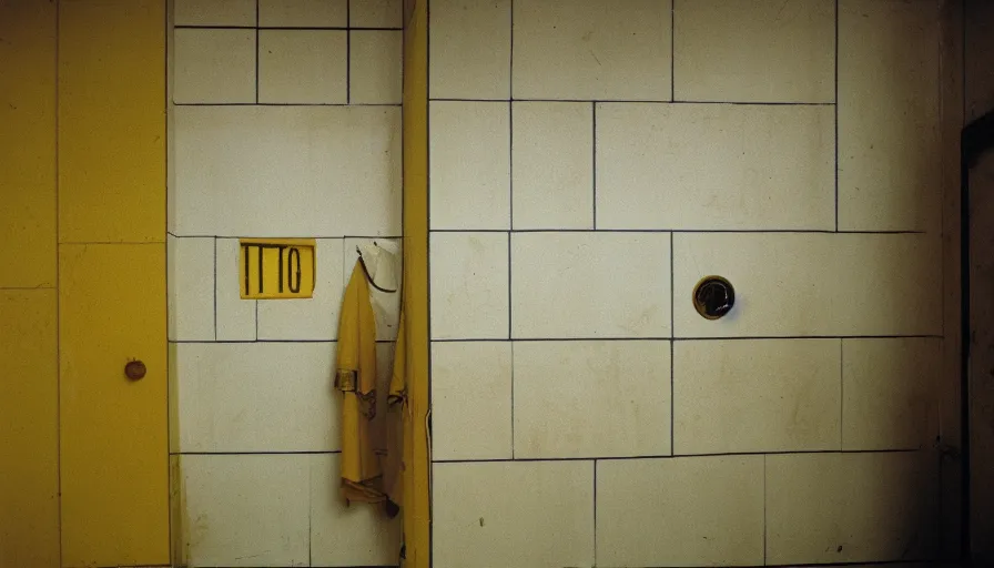 Prompt: 60s movie still of a sovietic stalinist style empty prison shower with yellow tiles and a bloody corpse, cinestill 800t 50mm eastmancolor, liminal Space style, heavy grain-s 150