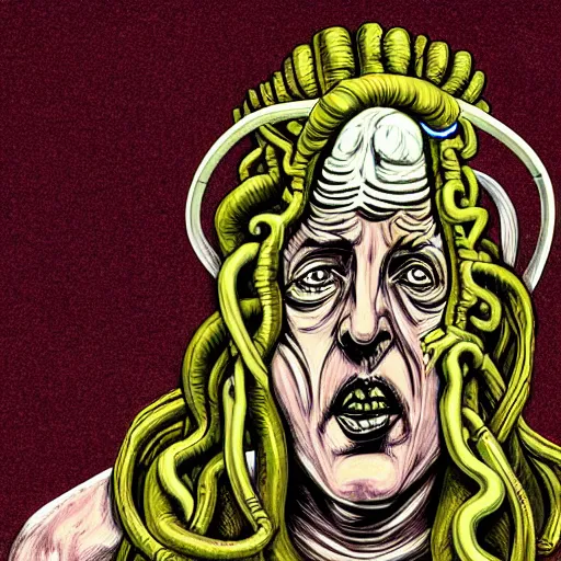 Image similar to graphic illustration, creative design, the pope as medusa, biopunk, francis bacon, highly detailed, hunter s thompson, concept art