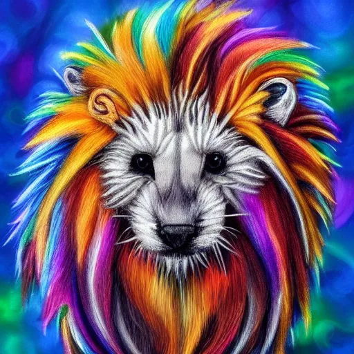 Prompt: cute fluffy baby hedgehog with long colorful flowing lion mane with mohawk hairstyle hybrid animal detailed painting 4 k