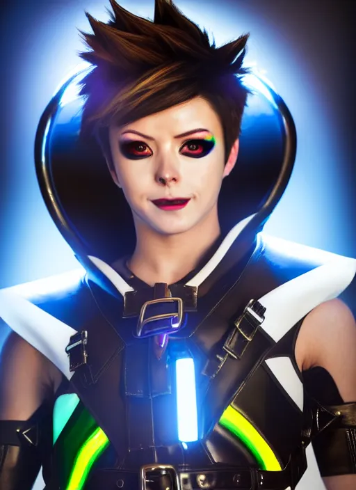 Image similar to hyperrealistic style portrait of tracer overwatch, confident pose, wearing black iridescent rainbow latex, 4 k, expressive happy smug expression, makeup, in style of mark arian, wearing detailed black leather collar, wearing sleek armor, black leather harness, expressive detailed face and eyes,