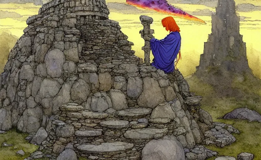 Prompt: a realistic and atmospheric watercolour fantasy concept art of a golden ufo landing on top of a megalithic ruin. female medieval monk in grey robes kneeling with her hands by her sides. by rebecca guay, michael kaluta, charles vess and jean moebius giraud