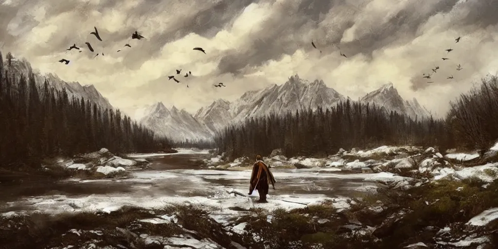 Image similar to A majestic landscape featuring a river, mountains and a forest. A small group of birds is flying in the sky. Harsh winter. very windy. There is a man walking in a deep snow.Camera is positioned behind the man. Cinematic, very beautiful, painting in the style of Lord of the rings