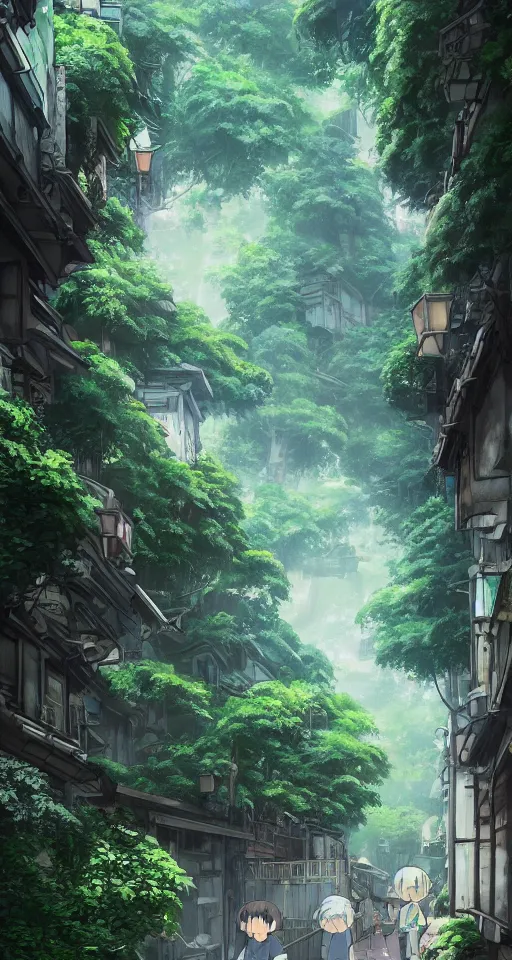 Image similar to Architectural section, animation concept art, studio ghibli style Miyazaki tekkonkintreet Teikoku Shounen style, amazing + fantasy Traditional Japanese alley lane on full moon, lush vegetation and ferns, sun rays, octane render, trending on artstation, hyper detailed, cinematic