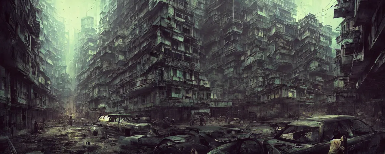 Prompt: duotone noir concept illustration inside of kowloon walled city night stimulus overload groups of people scavenging octane render, concept hideo kojima surreal atmosphere, abandoned buildings volumentric lighting. cosmic horror. accidental renaissance. by sachin teng and sergey kolesov and ruan jia and heng z. graffiti art, scifi, fantasy, hyper detailed. trending on artstation