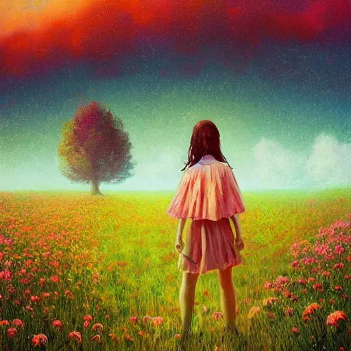 Image similar to girl with singular flower as a face, surreal photography, dream, dress flowing into flower field, hills, big trees, sunrise dramatic light, impressionist painting, colorful clouds, digital painting, pointillism, artstation, simon stalenhag