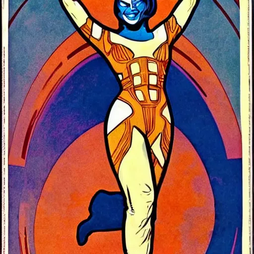 Prompt: an alien woman with blue skin and red hair, floating in space. she is an astronaut, wearing a space suit. well composed, clean elegant painting, beautiful detailed face. comic book art by steve ditko and jack kirby and ( alphonse mucha )