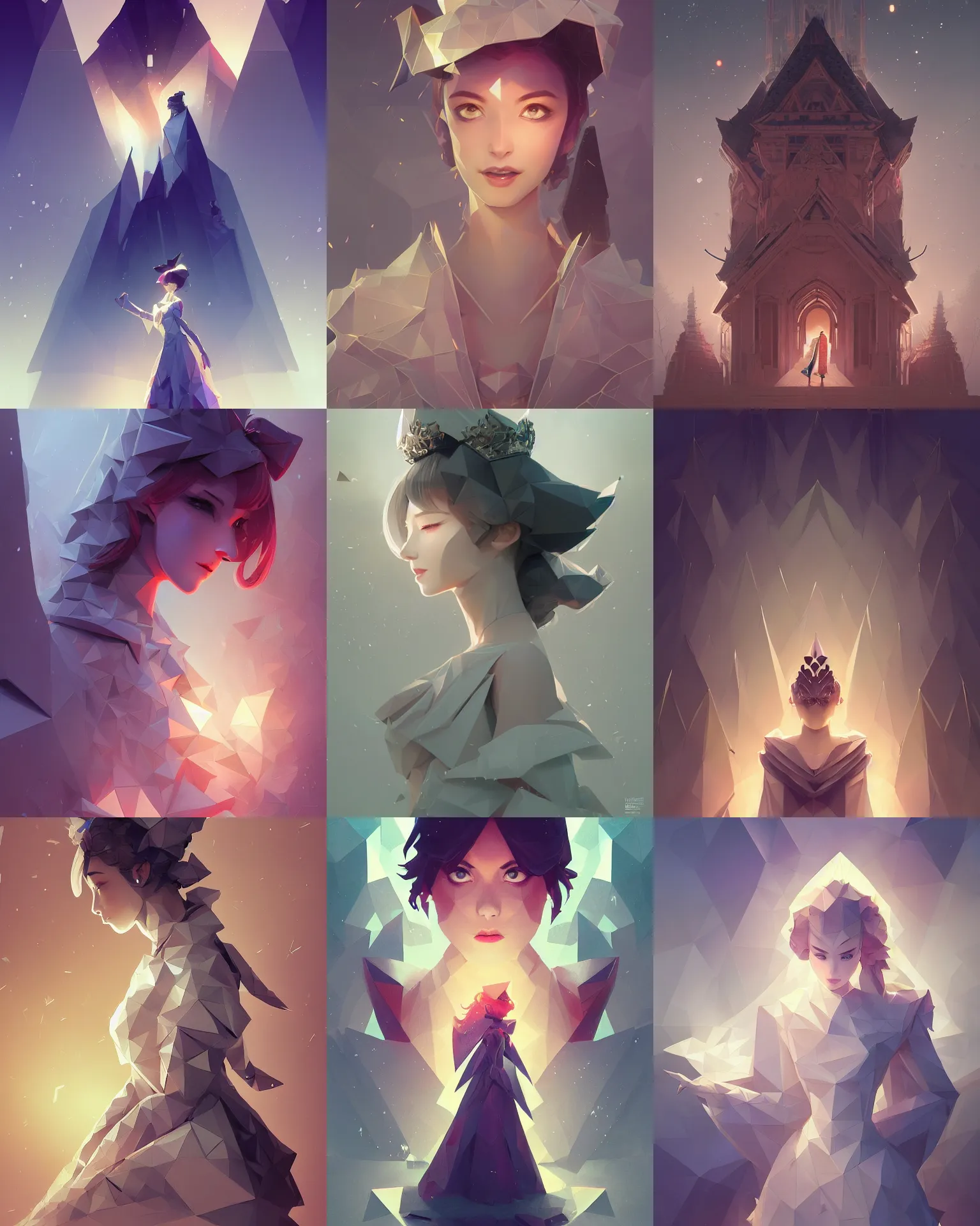 Prompt: polygonal dressed queen, light dust, magnificent, close up, details, sharp focus, elegant, highly detailed, illustration, by Jordan Grimmer and greg rutkowski and PiNe(パイネ) and 薯子Imoko and 香川悠作 and wlop and maya takamura, intricate, beautiful, Trending artstation, pixiv, digital Art