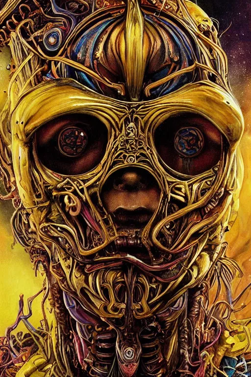 Image similar to Elden Ring and psychedelic themed painting of majestic chromatic biomechanical anatomical human demon king pharaoh ceremonial bloodstained mask closeup face, golden ratio concept, Neo-Gothic concept, infinity hieroglyph waves, intricate artwork masterpiece, very coherent artwork, cinematic, full frontal facial features by Artgerm, art by H.R. Giger, Joseph Michael Linsner, Alex Grey, Johnatan Wayshak, Moebius, Ayami Kojima, very anatomically coherent artwork, trending on cgsociety, ultra high quality model, production quality cinema model, high detail chromatic ink outline, octane render, unreal engine 8k, hyper realism, high detail, octane render, unreal engine, 8k, High contrast