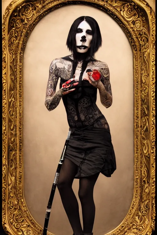 Prompt: tattooed beautiful goth girl smoking cigarette and smiling, dark, moody, eerie religious painting, photorealistic photo by national geographic, Peter Kemp