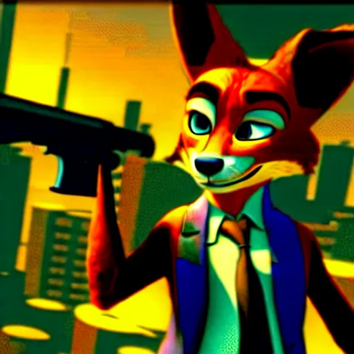 Image similar to nick wilde as max payne in max payne 3 set in gritty neo - noir zootopia, favela level