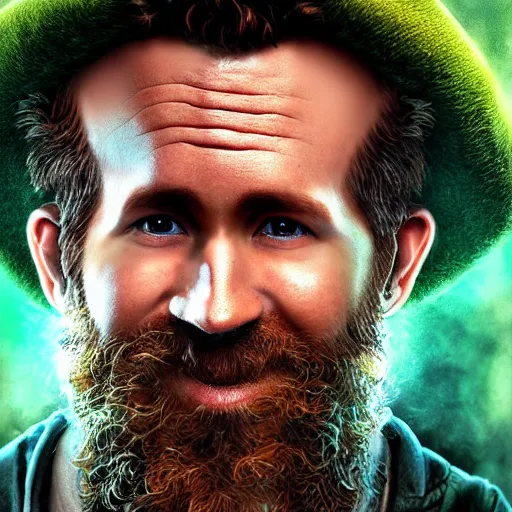 Image similar to hyperrealistic mixed media image of a ryan reynolds disguised as a leprechaun, stunning 3 d render inspired art by istvan sandorfi and greg rutkowski, perfect facial symmetry, realistic, highly detailed attributes and atmosphere, dim volumetric cinematic lighting, 8 k octane extremely hyper - detailed render, post - processing, masterpiece,