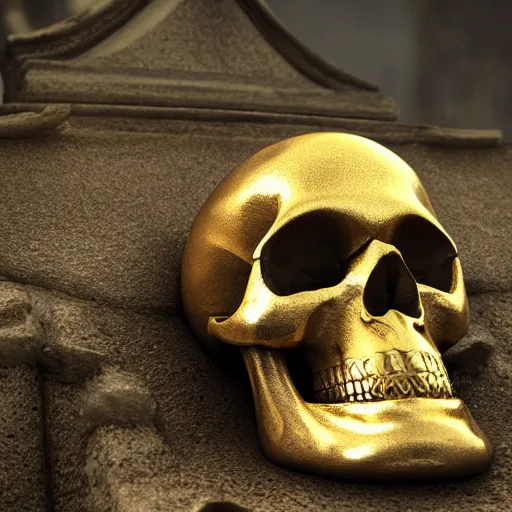 Prompt: medium shot of a skull made of solid gold sits on an abandoned gravestone, beautiful detailed intricate insanely detailed octane render, 8k artistic photography, photorealistic, unreal engine