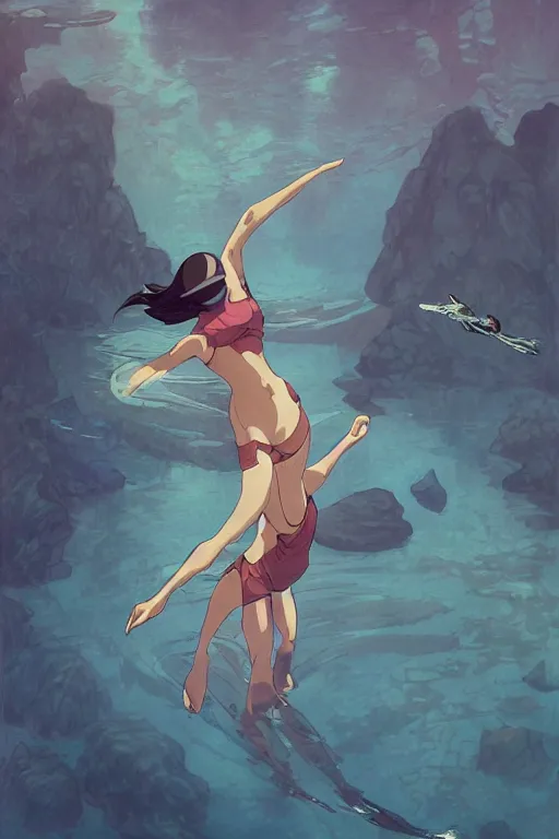 Prompt: a freediver, style of studio ghibli, makoto shinkai, raphael lacoste, louis comfort tiffany, denoise, deblurring, artgerm, peter mohrbacher, xision, james jean, ross tran, chinese style