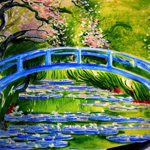 Image similar to landscape with cherry blossom trees and waterfalls, detailed luminescent high contrast watercolor painting in the style of monet, 4 k