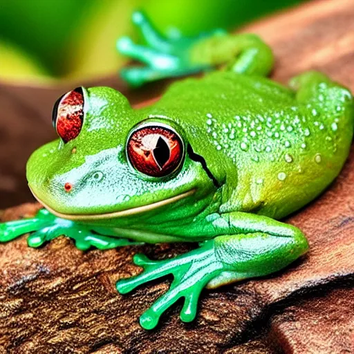 Prompt: Cute green frog with red eyes in magical rain-forest carved from crystal ,hyper-realistic