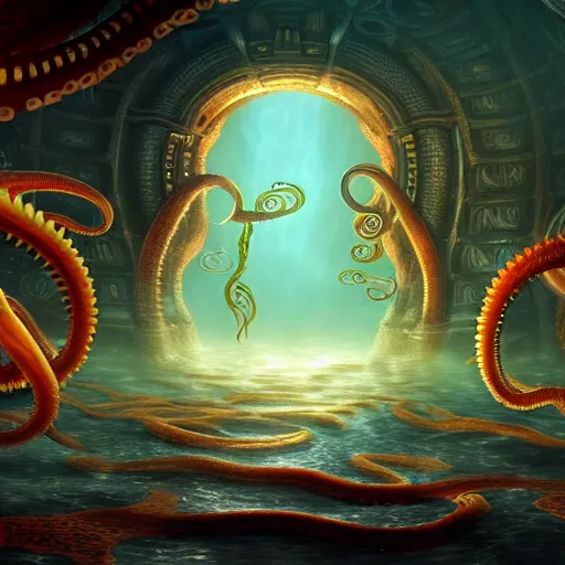 Image similar to beautiful digital fantasy illustration of an underwater city surrounded by tentacles, the forge of worlds, concept art by xul solar, two hands reaching for a fish, fractalism, high detail texture, unreal engine, 8 k, photographic quality, ultra hyper realistic quality, 8 k definiton, hyper - realistic, cinematic, cinematic lighting