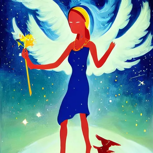 Image similar to The painting features a woman with wings made of stars, surrounded by a blue and white night sky. The woman is holding a staff in one hand, and a star in the other. She is wearing a billowing white dress, and her hair is blowing in the wind. Dexter's Lab by Anton Fadeev manmade