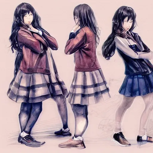 Image similar to a perfect, realistic professional digital sketch of two Japanese schoolgirls posing, in style of Marvel, full length, by pen and watercolor, by a professional American senior artist on ArtStation, a high-quality hollywood-style sketch, on high-quality paper