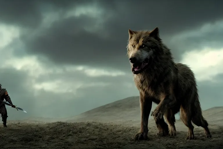 Image similar to still from a fantasy movie, a out of focus man in the foreground, facing a angry dire wolf, muted colors, action, 8 k, depth of field, cinematic, hyperrealistic, movie still frame, promotional image, imax 7 0 mm footage