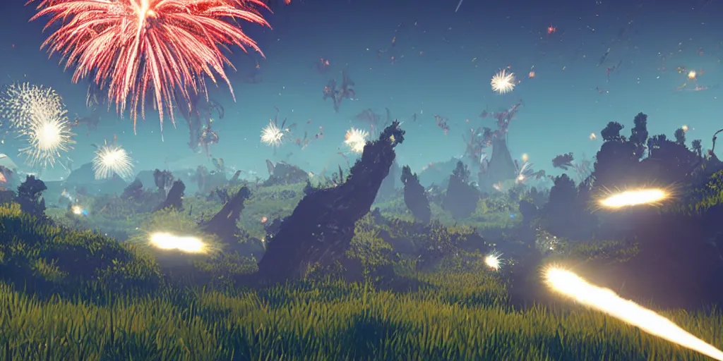 Image similar to shooting fireworks, no mans sky concept art, flying snakes