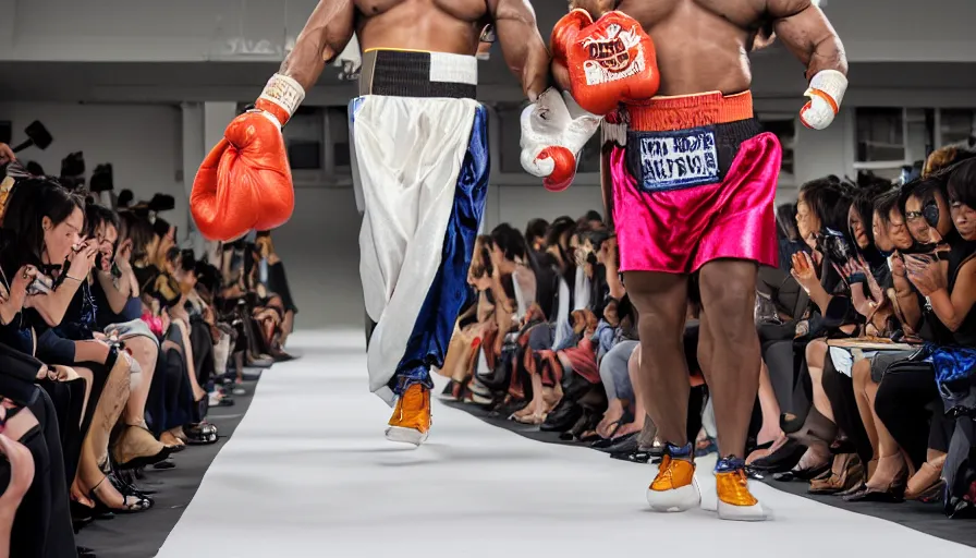 Image similar to hyperrealistic and heavy detailed 2321s runway show of mike tyson , Leica SL2 50mm, vivid color, high quality, high textured