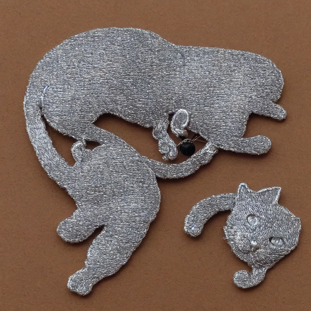 Image similar to Silver embroidered cat brooch, realistic, clean,