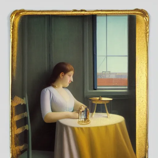 Prompt: a beautiful young girl in a gold and ivory hotel room, daguerreotype by edward hopper, by henri rousseau, by Bosch, art noveau, highly detailed, strong lights, liminal, eerie, Bright pastel colors, octane render, 8k,