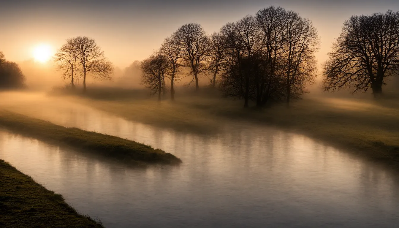 Prompt: A landscape photo taken by Kai Hornung of a river at dawn, misty, early morning sunlight, cold, chilly, rural, English countryside