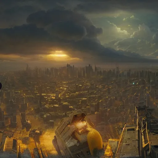 Image similar to enormous spongebob looming above a city, seen from a distance, volumetric lighting, 8 k octane beautifully detailed render, post - processing, extremely hyper - detailed, intricate, epic composition, cinematic lighting, masterpiece, trending on artstation, masterpiece, stunning art by anders zorn, wonderful masterpiece by greg rutkowski, beautiful cinematic