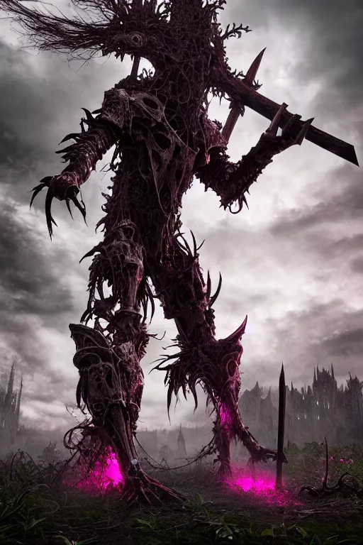Prompt: post - gothic giant banshee, exoskeleton armor, attacking with axe, dystopian ruins covered in vegetation, highly detailed smooth digital art masterpiece, vitaly bulgarov giger dramatic dark pink light, ground angle hd 8 k, sharp focus