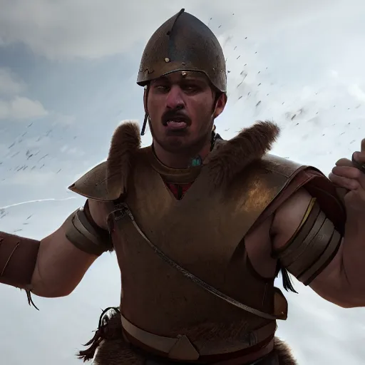 Prompt: a roman solider going into battle with a face that is angry and one that of breavey, 4 k, unreal engine 6, very detailed, high quality, highly rendered